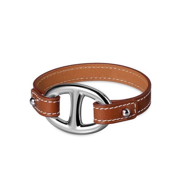 Hermes brown tan leather bangle silver Chaine d'Ancre Farandole bracelet new box